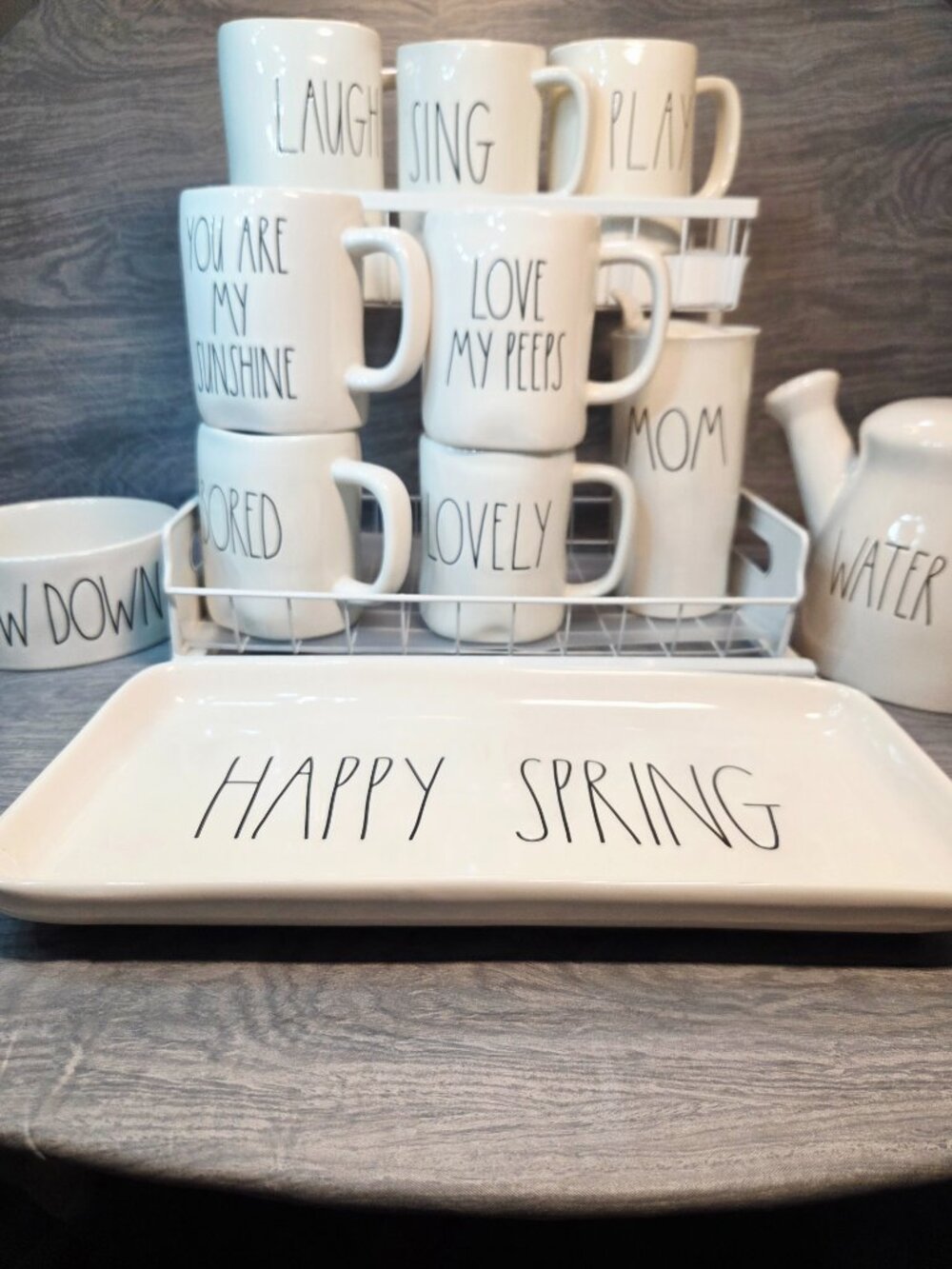 Rae Dunn Coffee  Tea  Cocoa Mugs Cups Water Pitcher Bowl & New Platter Lot Of 11